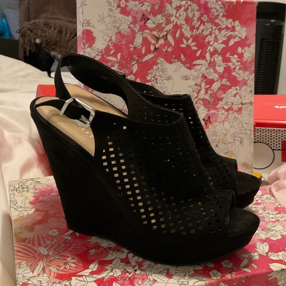 Chinese Laundry Black Perforated Peep-Toe Wedge Slingbacks